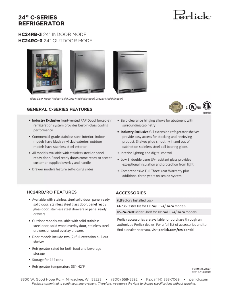 Page 1 of the manual Technical Sheet Perlick C-Series HC24RO36