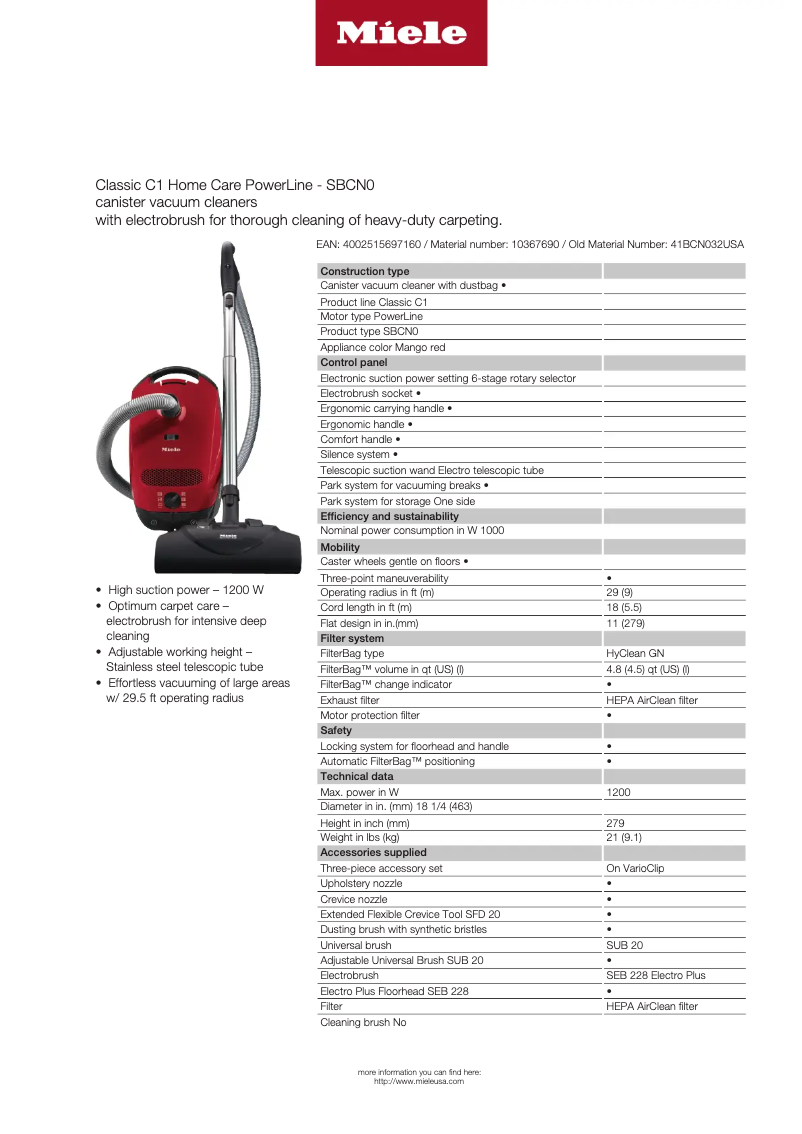 Page 1 of the manual Technical Sheet Miele Classic C1 Home Care