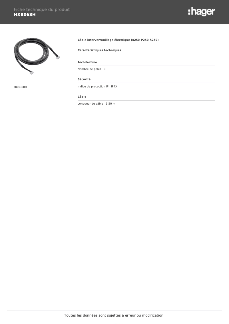 Page 1 of the manual Technical Sheet Hager HXB068H