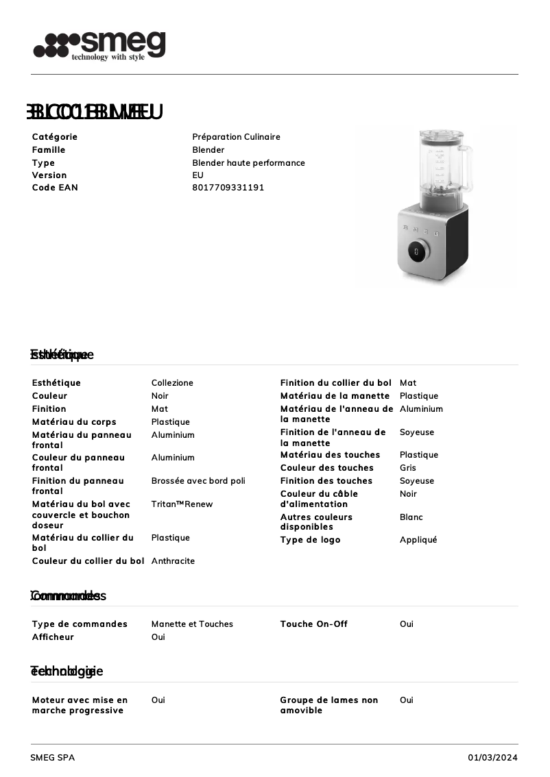 Page 1 of the manual Technical Sheet Smeg BLC01