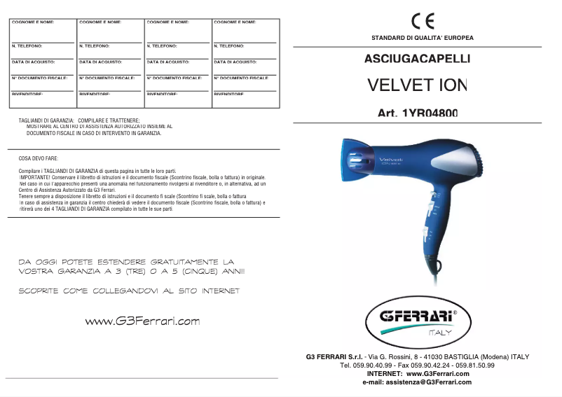 Page 1 de la notice Manuel utilisateur G3 Ferrari Velvet Ion
