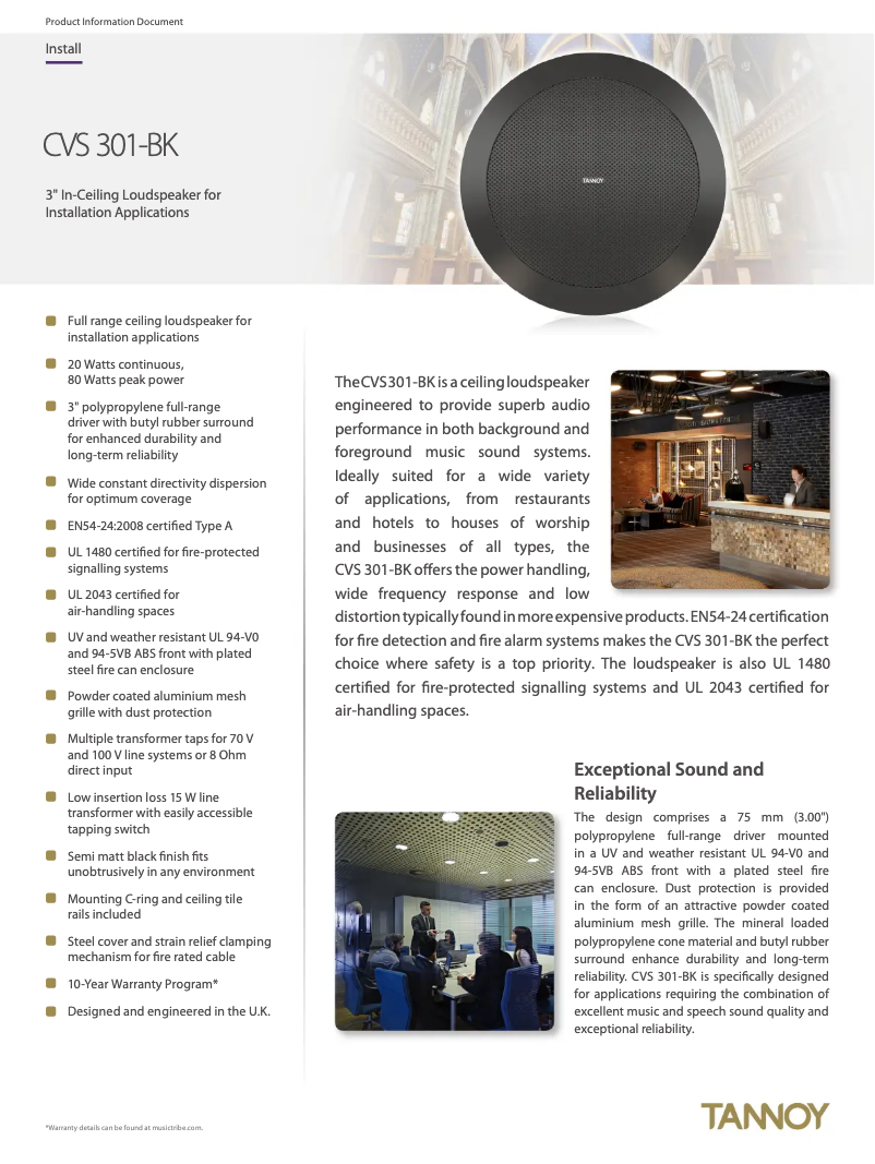 Page 1 of the manual Technical Sheet Tannoy CVS 301