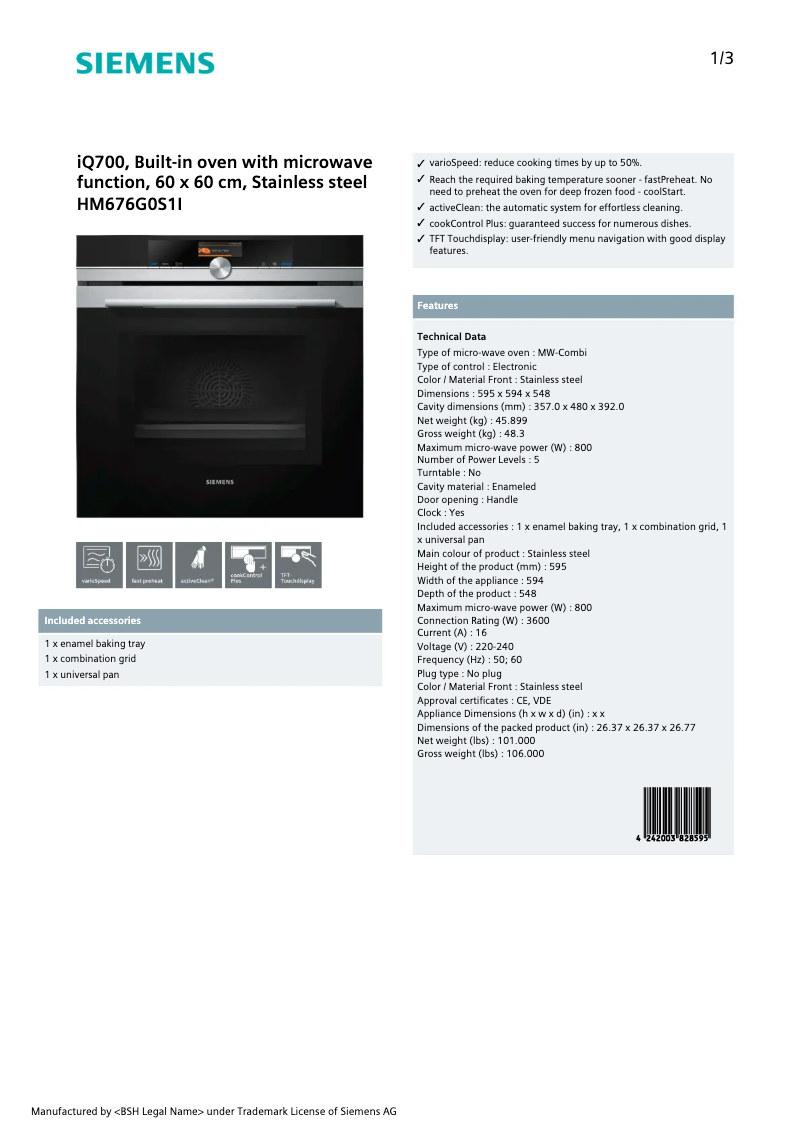 Page 1 of the manual Technical Sheet Siemens HM676G0S1I