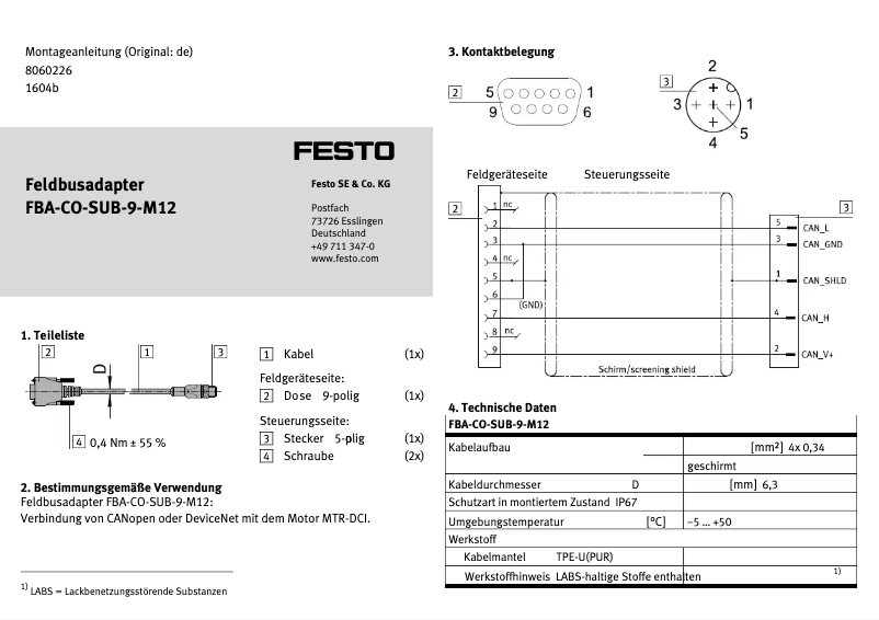 Page 1 of the manual User Manual Festo FBA-CO-SUB-9-M12