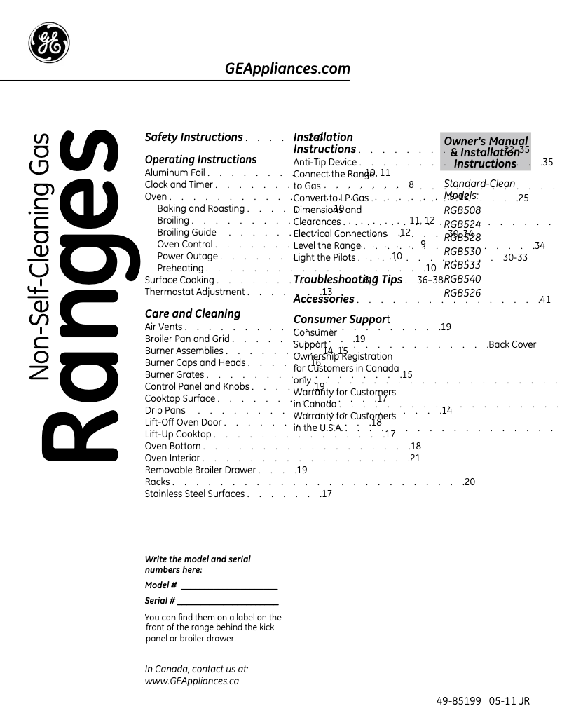 First page image of the manual for RGB533DEPWW