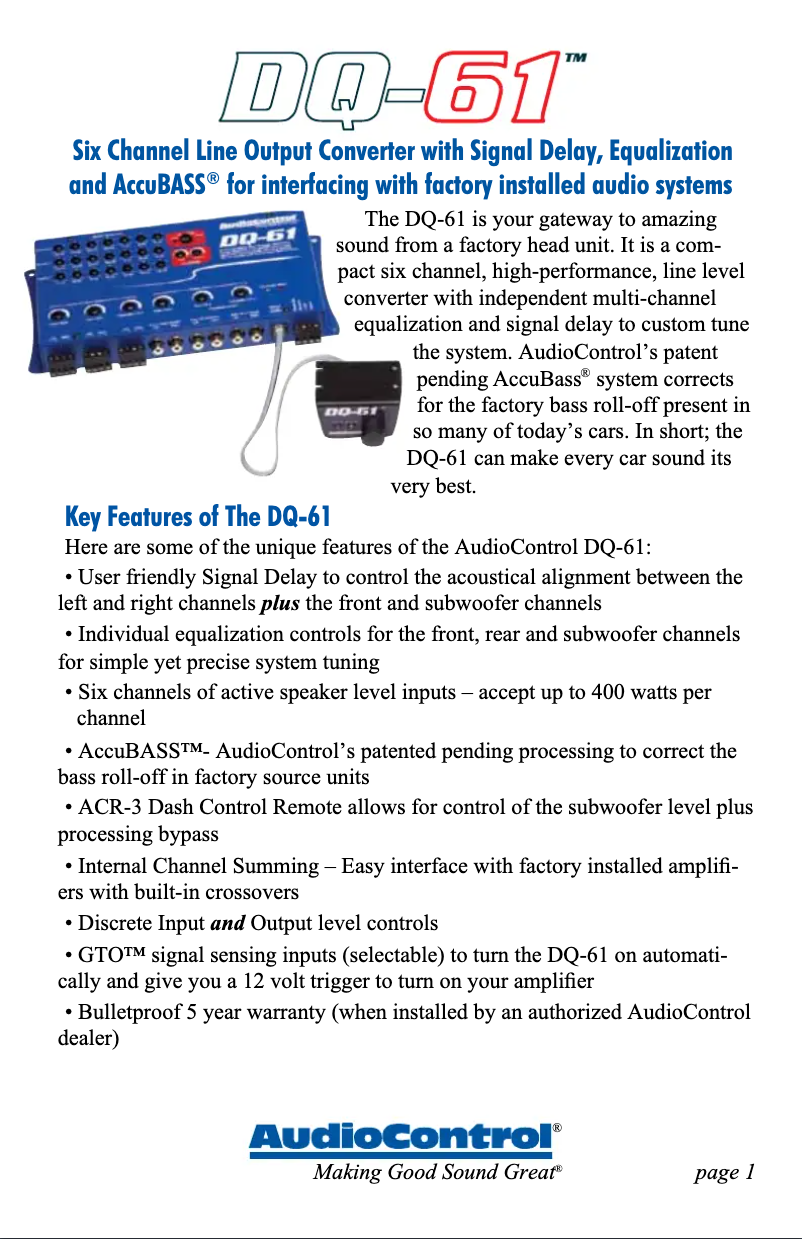 Page 1 of the manual User Manual AudioControl DQ-61