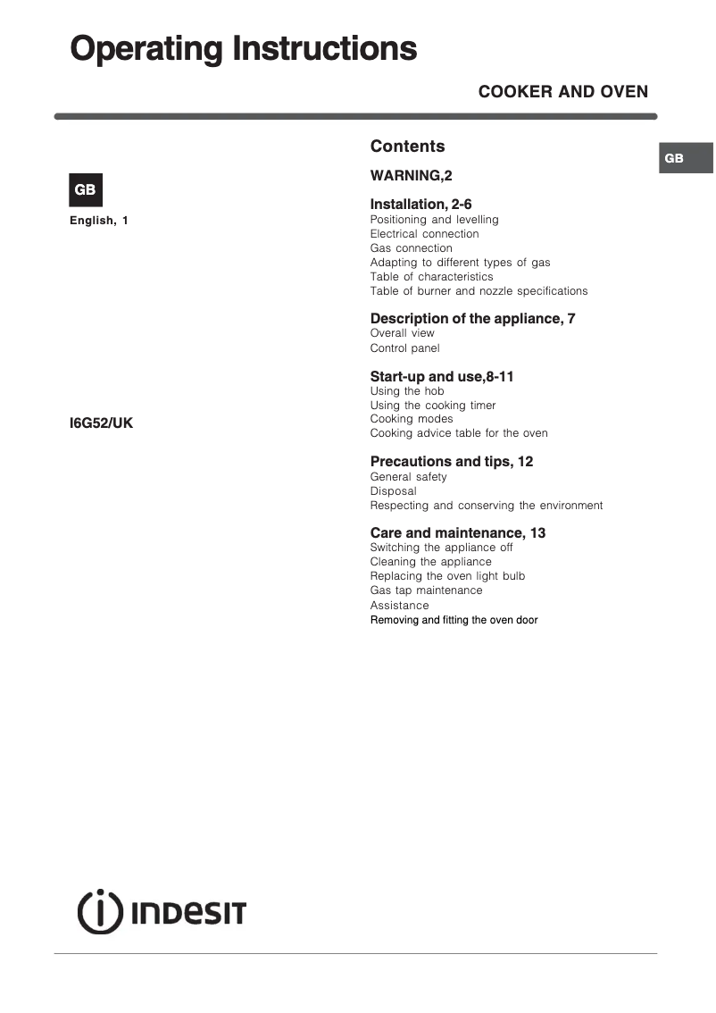 First page image of the manual for I6G52XUK