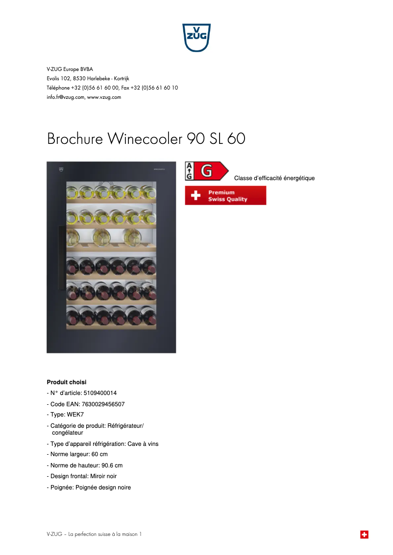 Page 1 of the manual Brochure V-Zug Winecooler 90 SL 60
