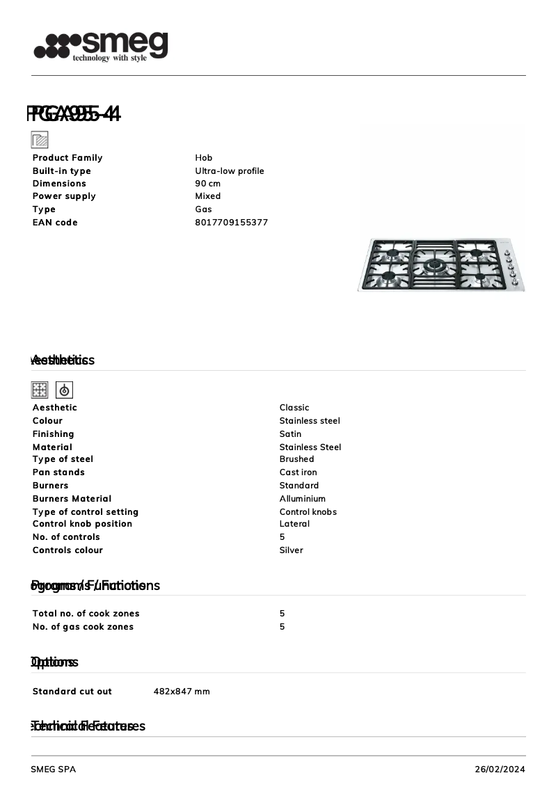 Page 1 of the manual Technical Sheet Smeg PGA95-4