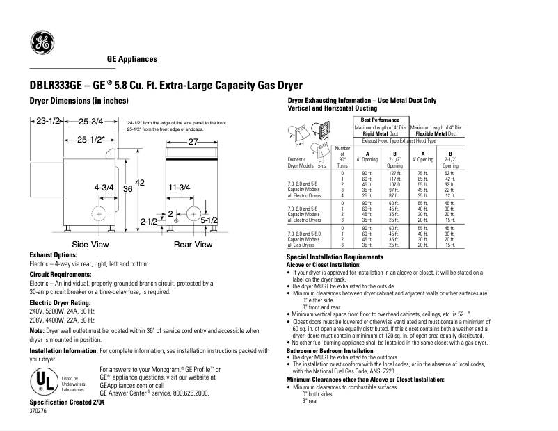 Page 1 of the manual Technical Sheet GE DBLR333CC