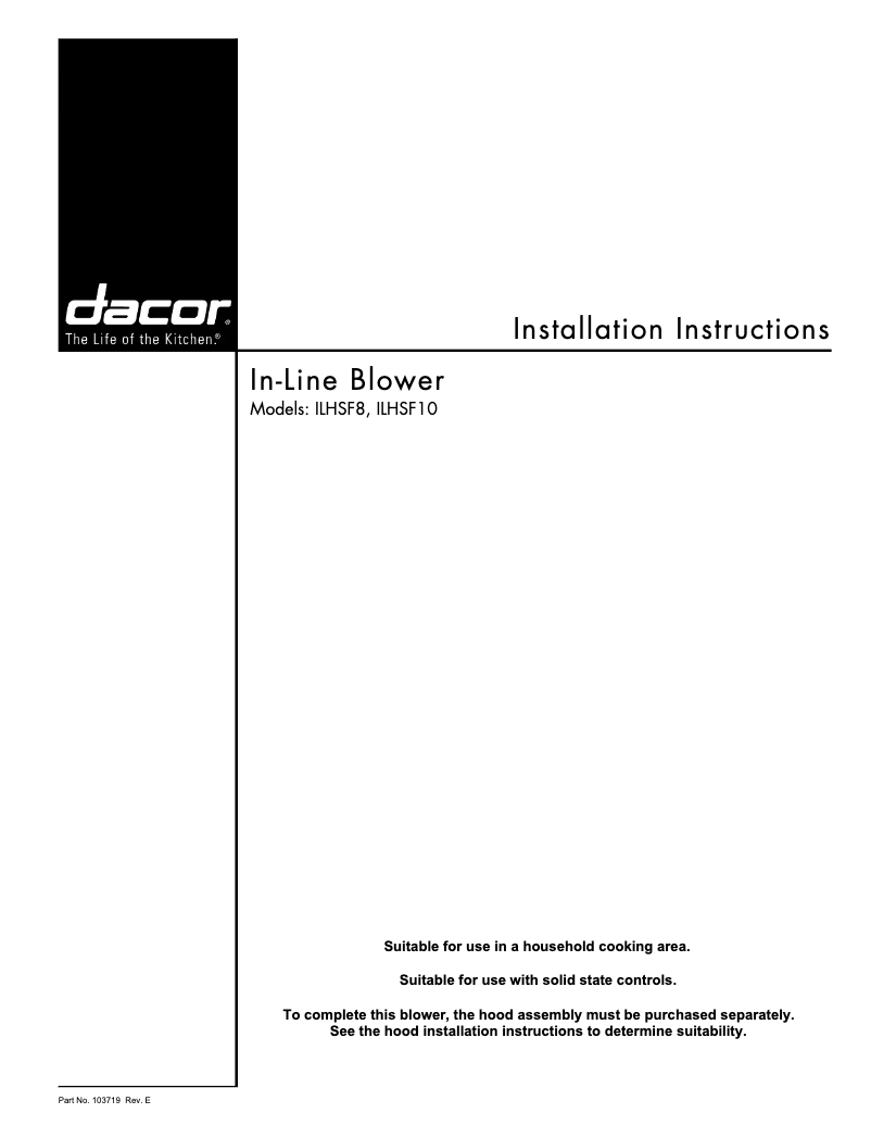 Page 1 of the manual Installation Guide Dacor ILHSF8