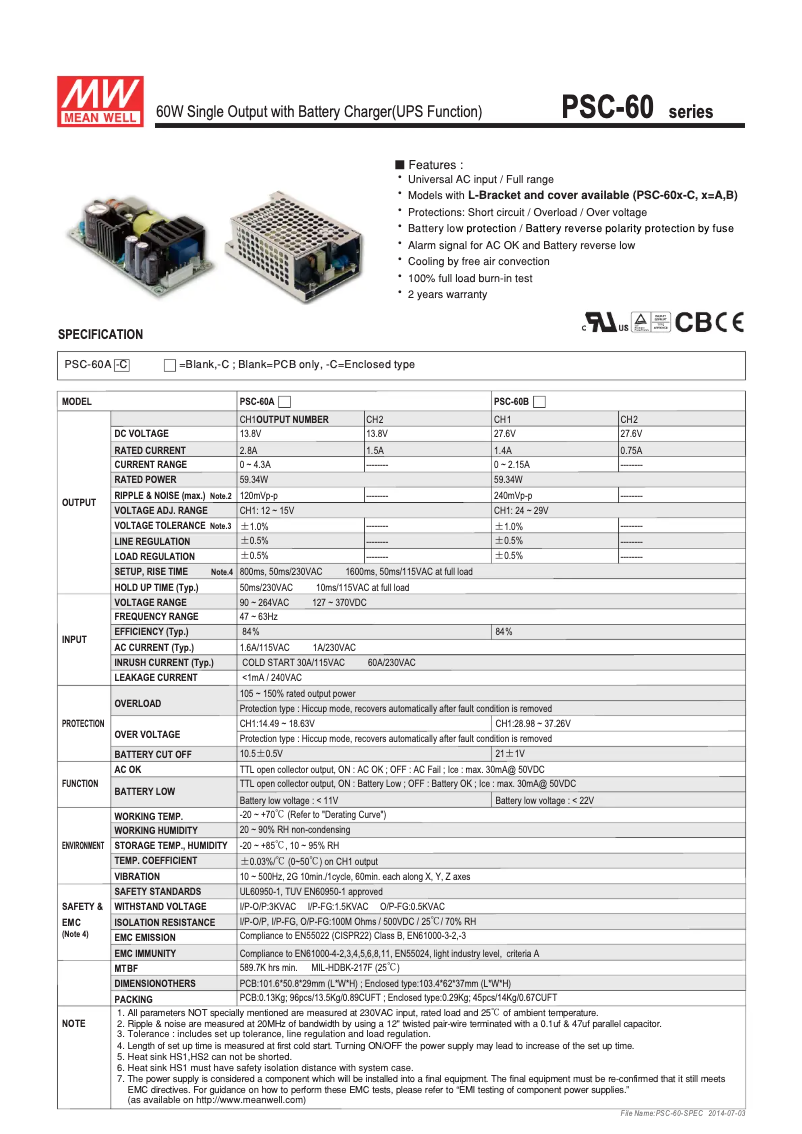 Page 1 de la notice Mode d'emploi Mean Well PSC-60A