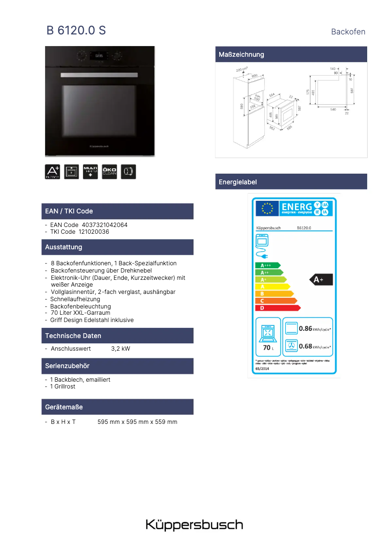 Page 1 de la notice Fiche technique Küppersbusch B6120.0S