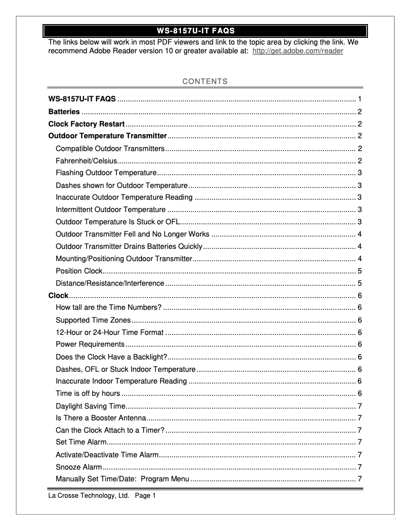 Page 1 of the manual FAQ La Crosse Technology WS-8157OAK-IT
