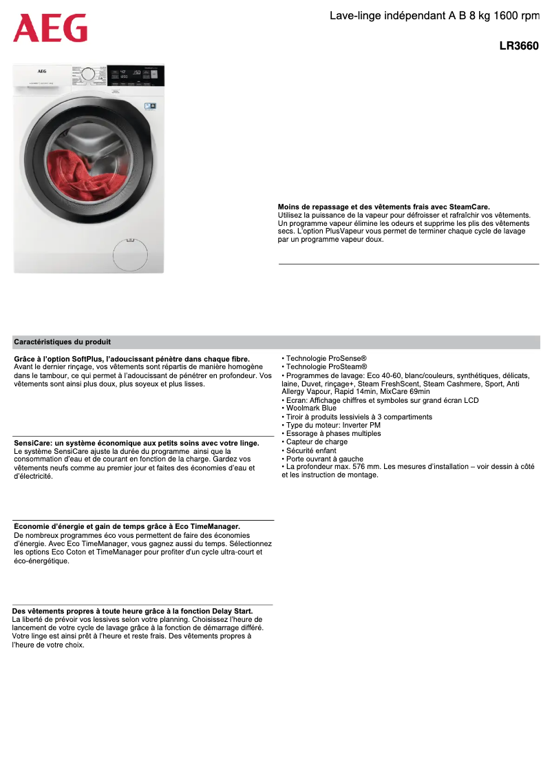 Page 1 of the manual Technical Sheet Electrolux LR3660