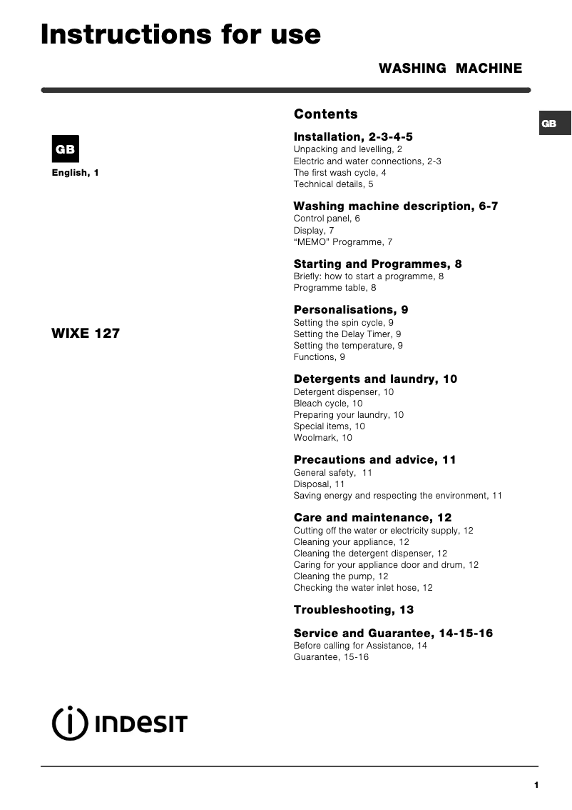 Page 1 of the manual User Manual Indesit WIXE 127 EX