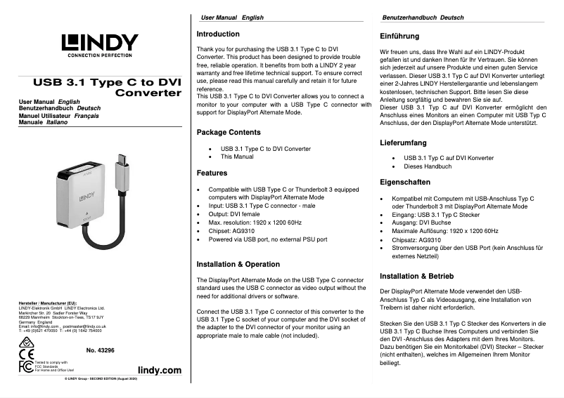 Page 1 of the manual User Manual Lindy 43296