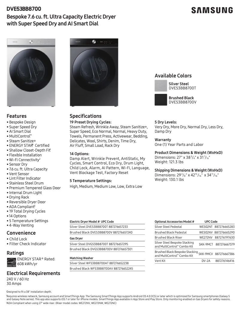 Page 1 of the manual Technical Sheet Samsung DVE53BB8700V