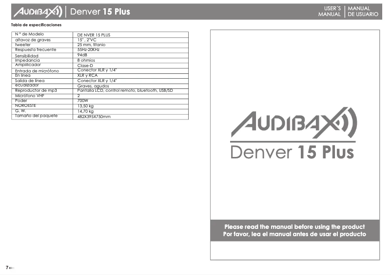 Page 1 of the manual User Manual Audibax Denver 15 Plus