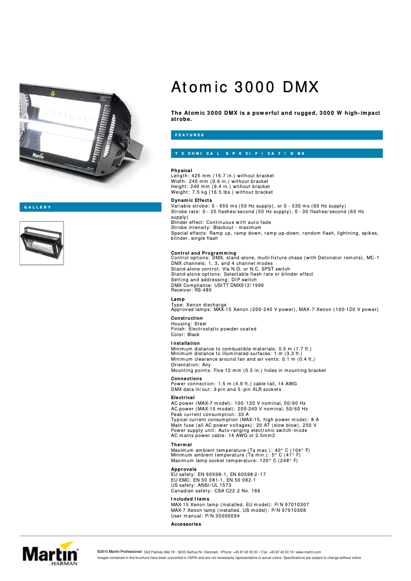 Page 1 of the manual Technical Sheet Martin Atomic 3000 DMX