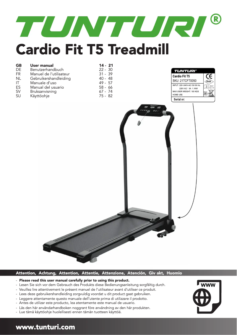 Page 1 of the manual User Manual Tunturi Cardio Fit T5