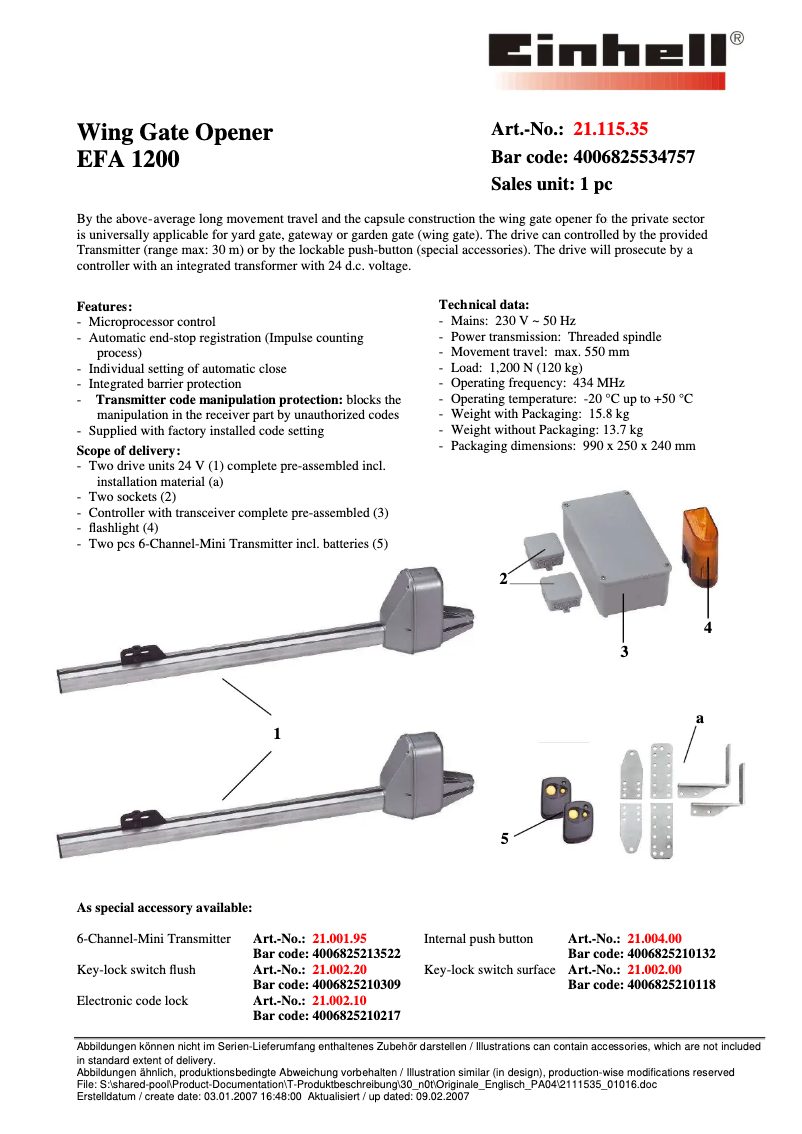 First page image of the manual for EFA 1200