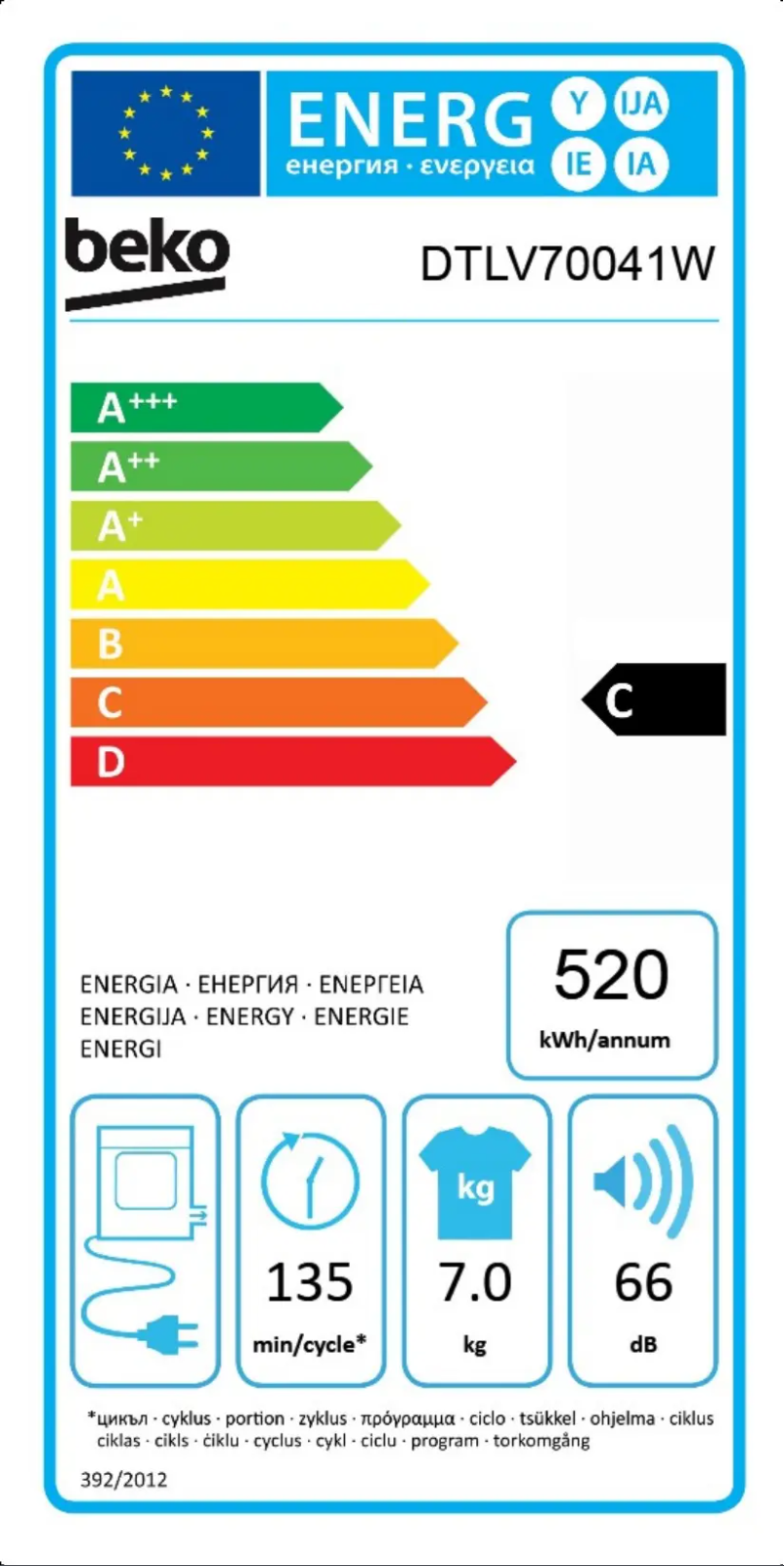 Page 1 of the manual Energy Label Beko DTLV70041
