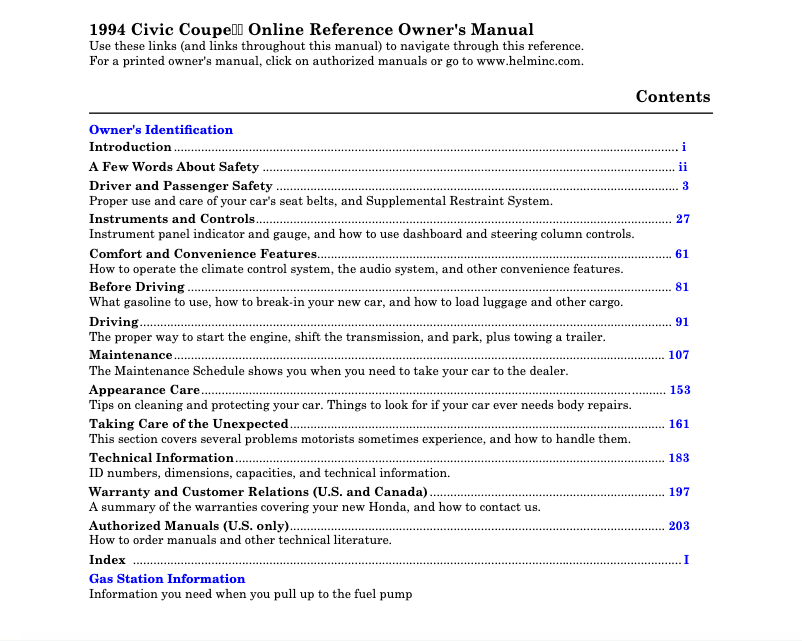 Page 1 of the manual User Manual Honda Civic Hatchback (1994)