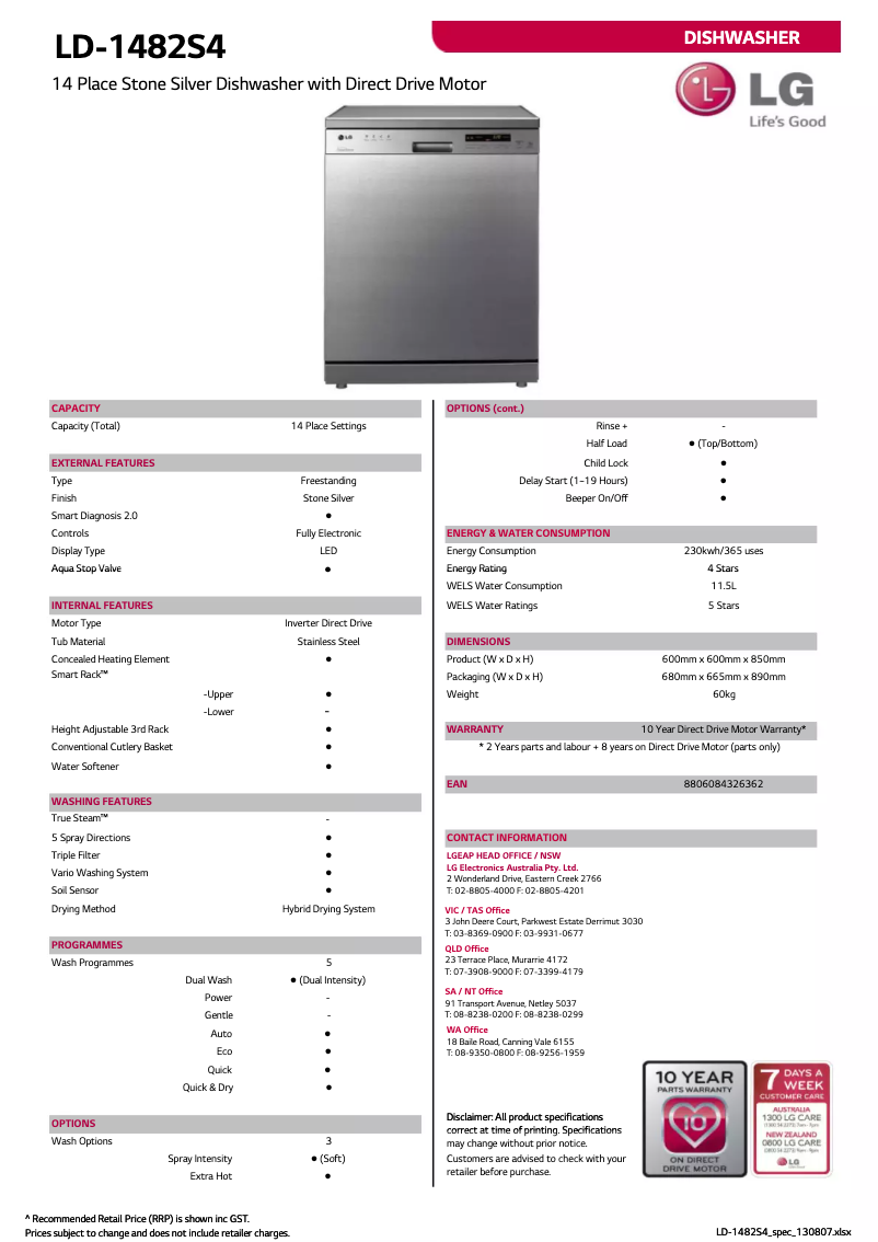 Page 1 of the manual Technical Sheet LG LD-1482S4
