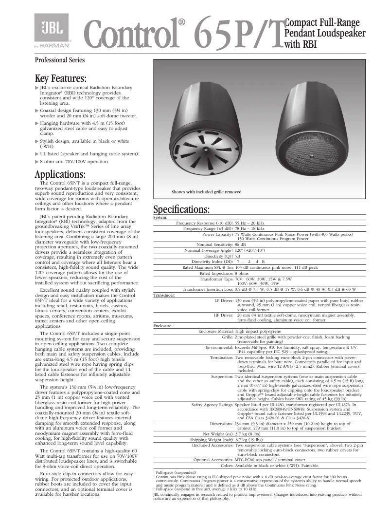 Page 1 of the manual Technical Sheet JBL Control 65 P/T