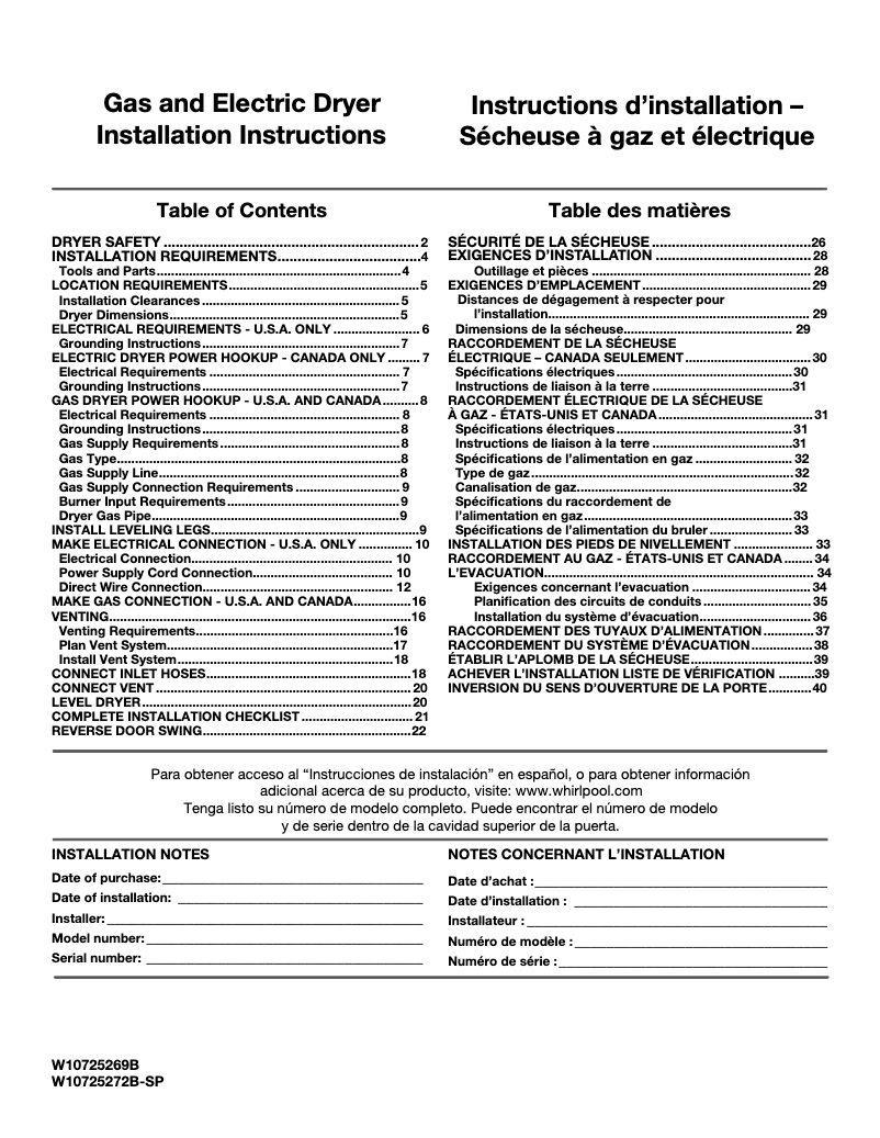Page 1 of the manual Installation Guide Whirlpool WGD8700E