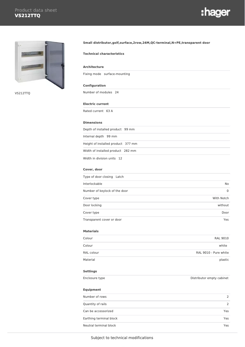 Page 1 of the manual Technical Sheet Hager VS212TTQ