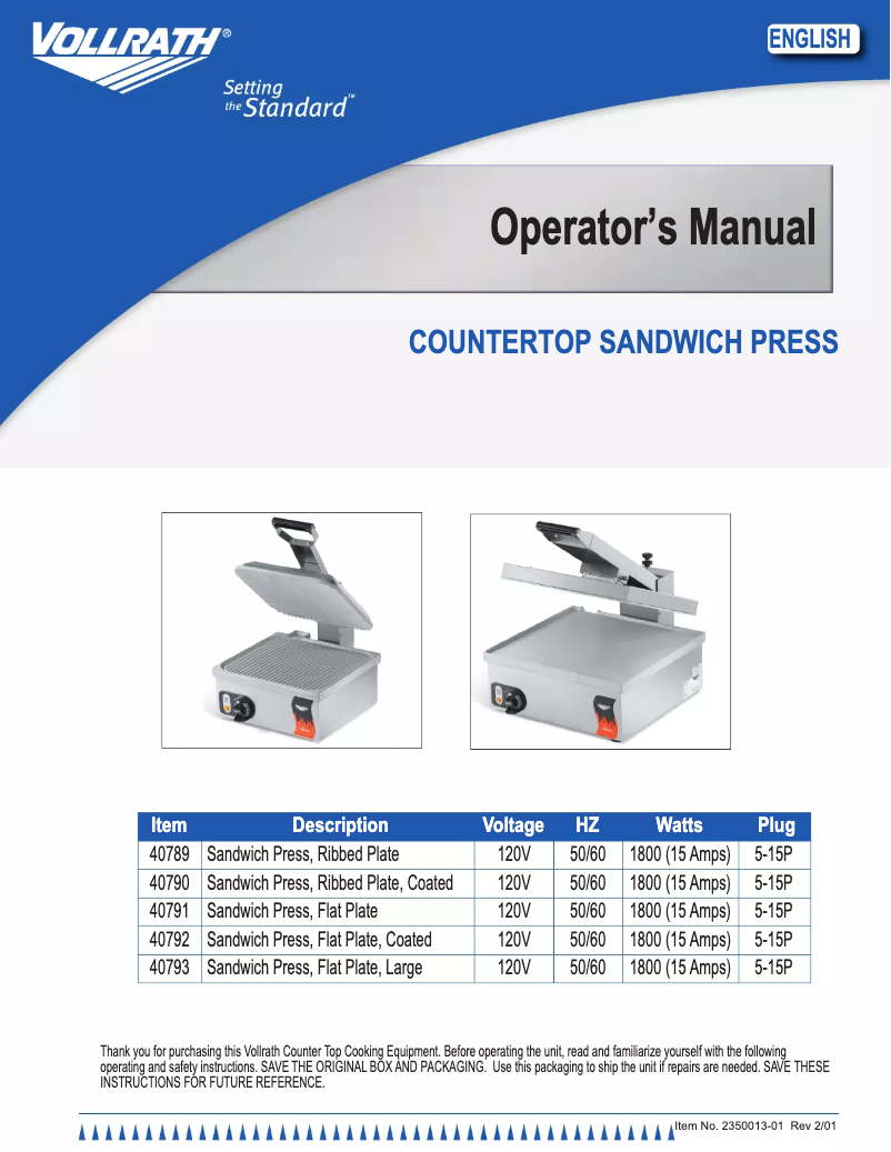Page 1 of the manual User Manual Vollrath 40790