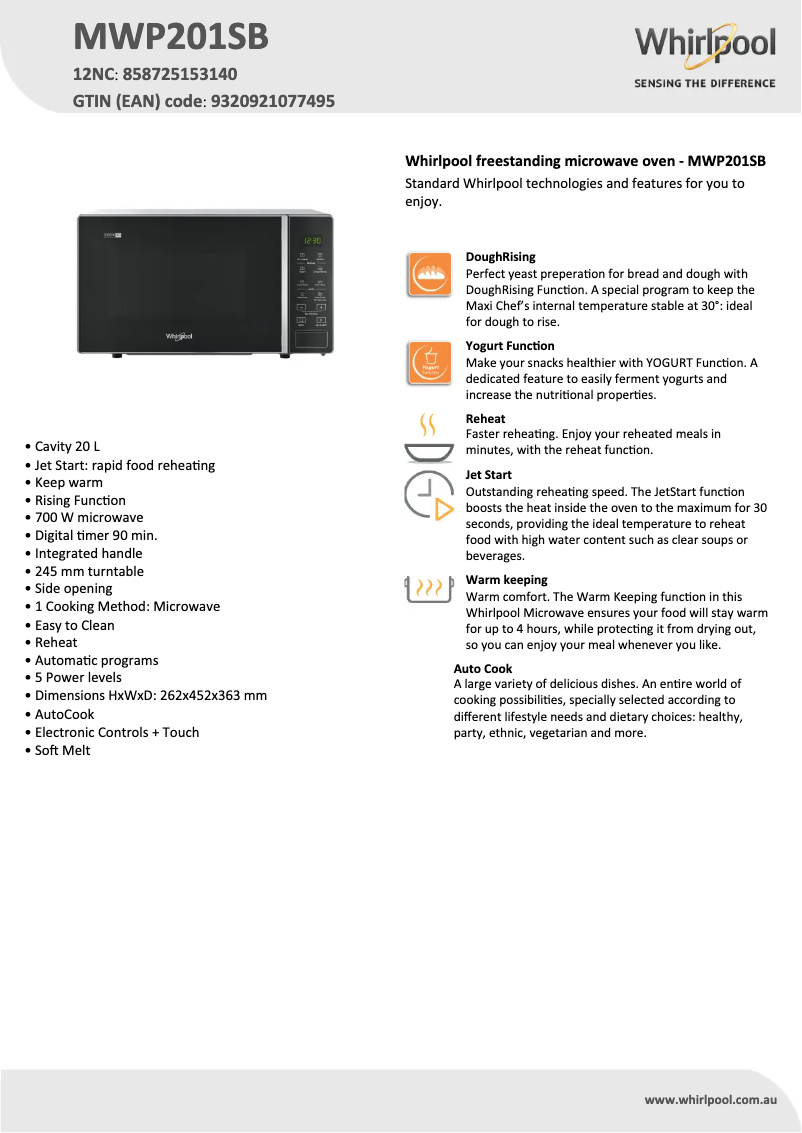 Page 1 of the manual Technical Sheet Whirlpool MWP201SB