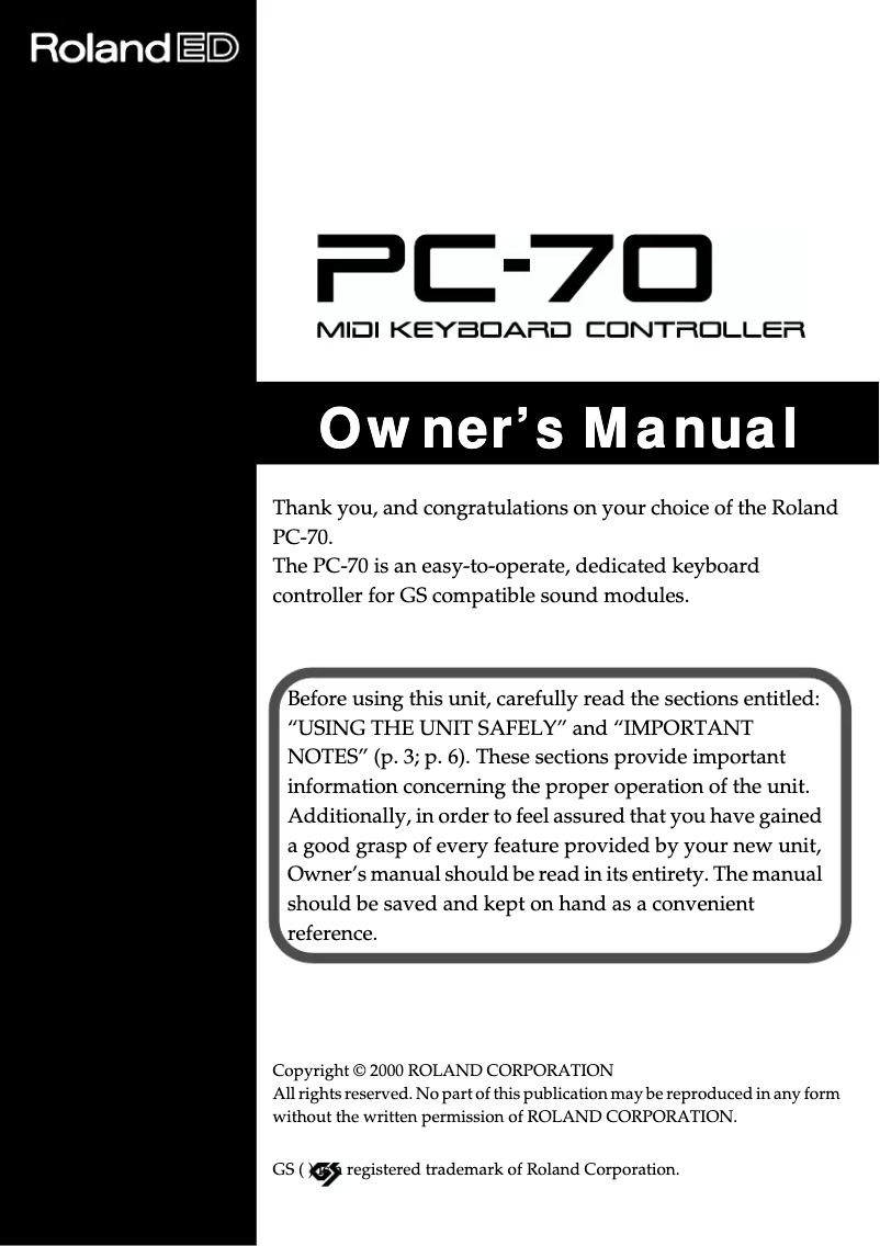 Page 1 of the manual User Manual Roland PC-70