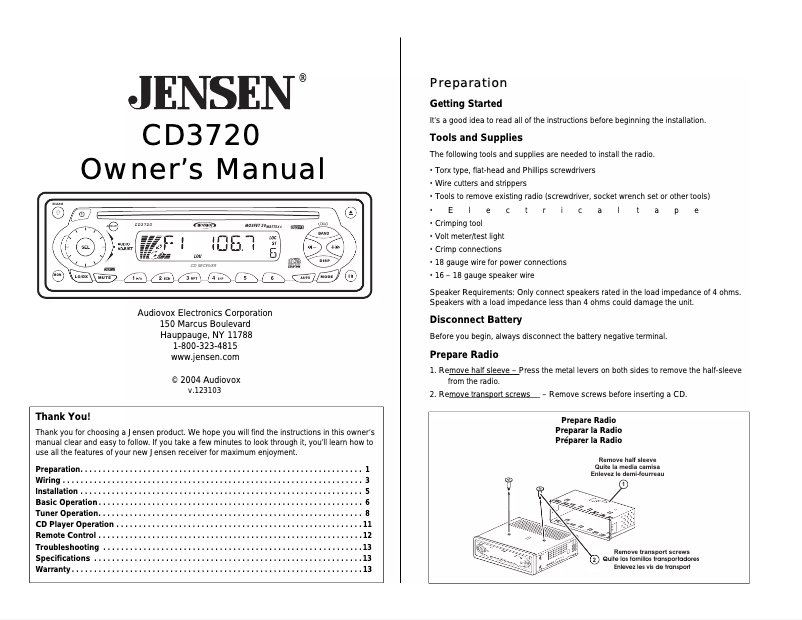 First page image of the manual for CD3720