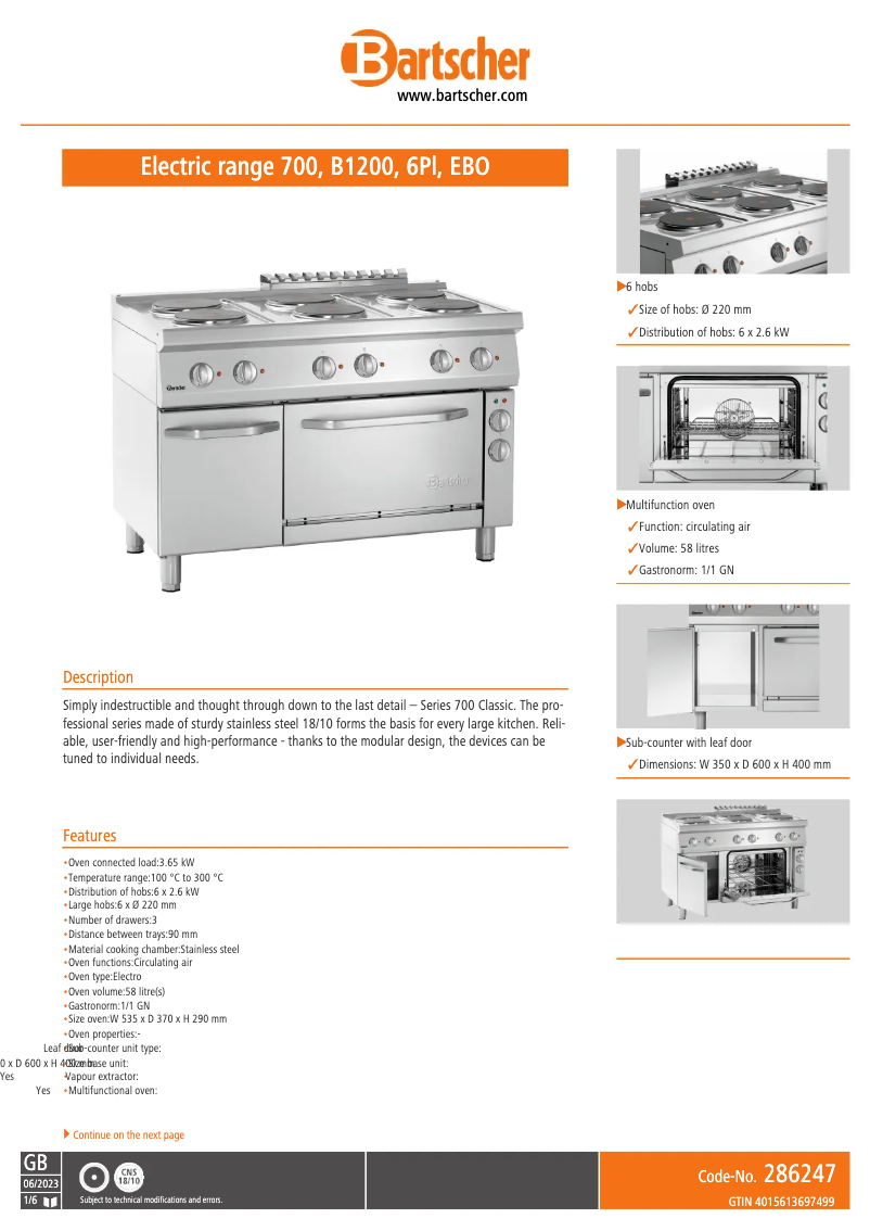 Page 1 of the manual Technical Sheet Bartscher 286247