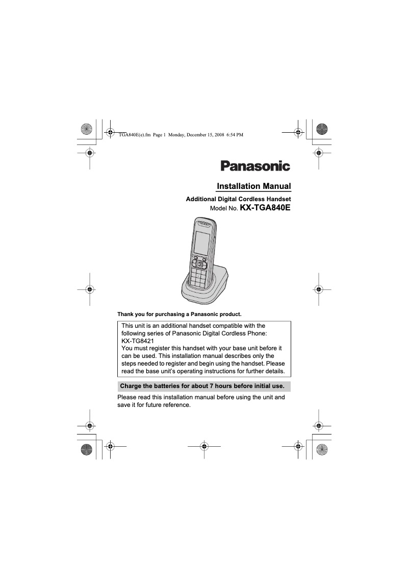 First page image of the manual for KX-TGA840E