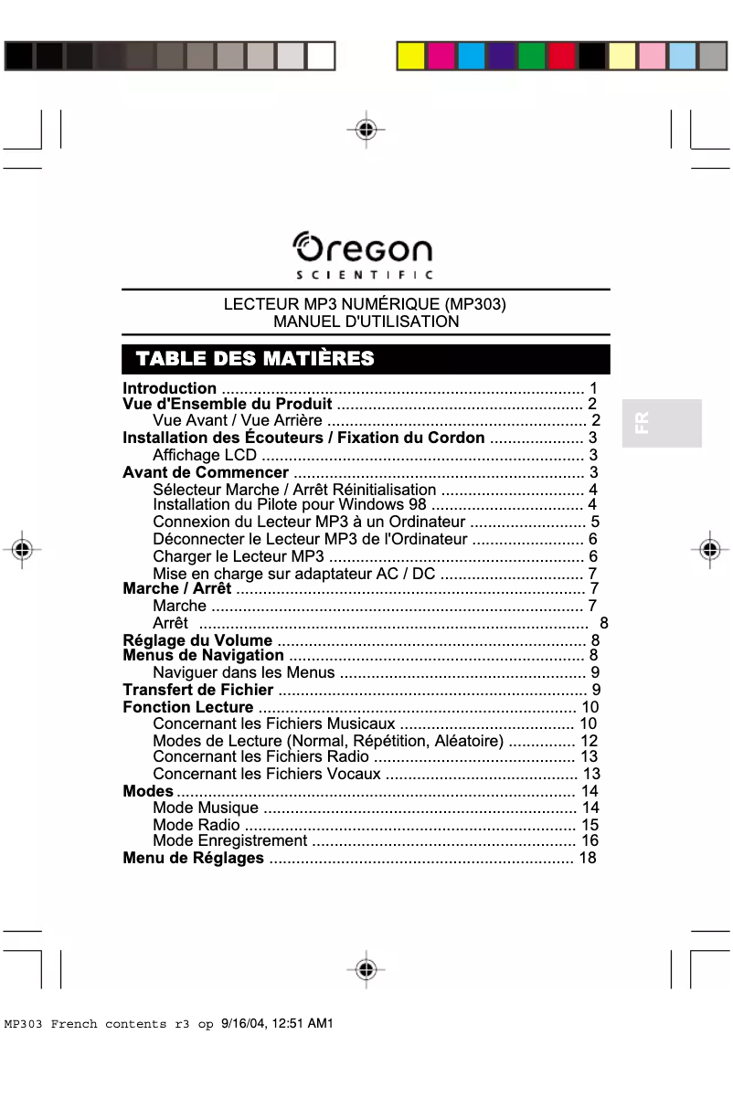 Page 1 of the manual User Manual Oregon Scientific MP303