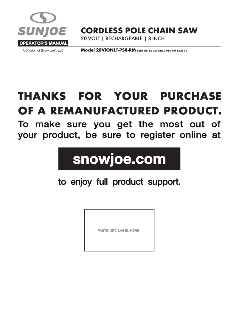 Page 1 of the manual User Manual Sun Joe 20VIONLTE-PS8-RM