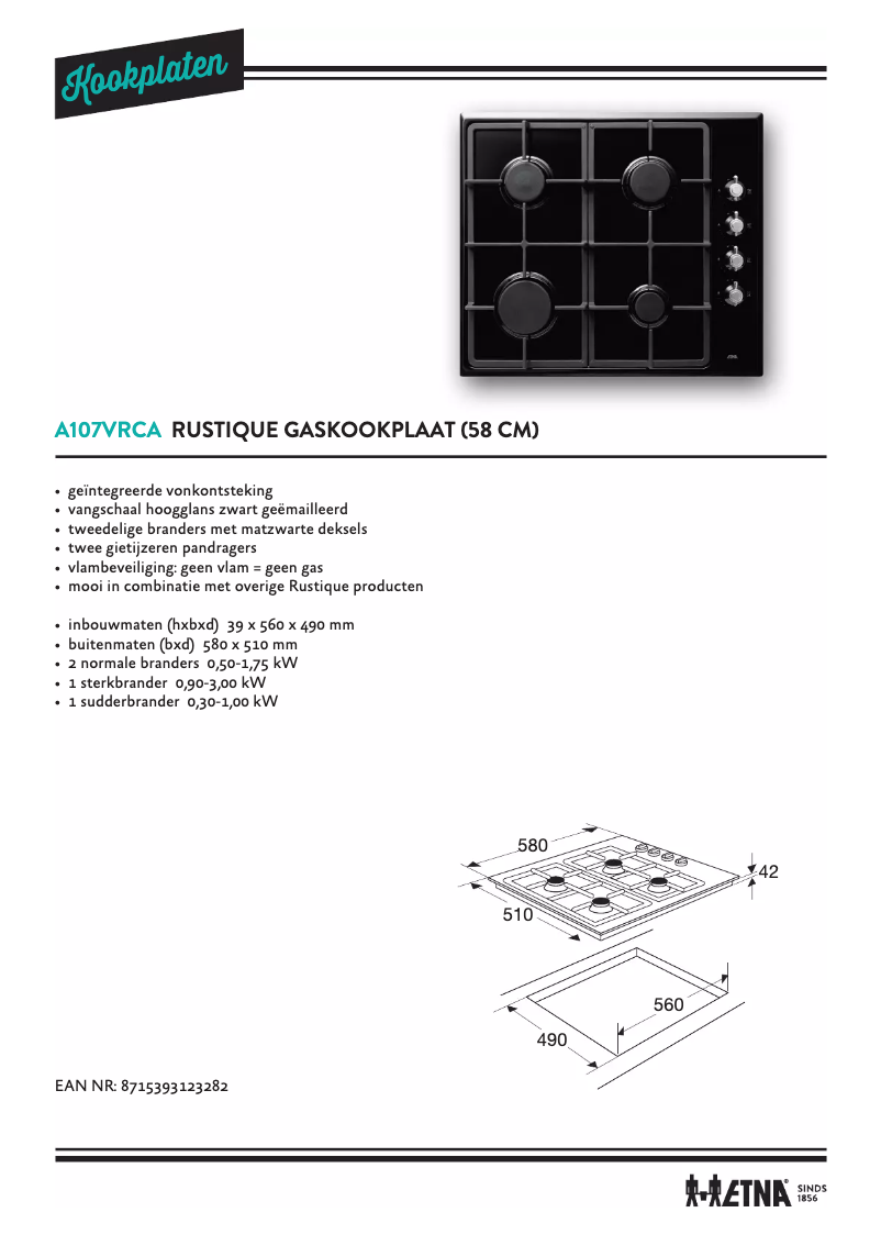 Page 1 of the manual Technical Sheet Etna A107VRCA