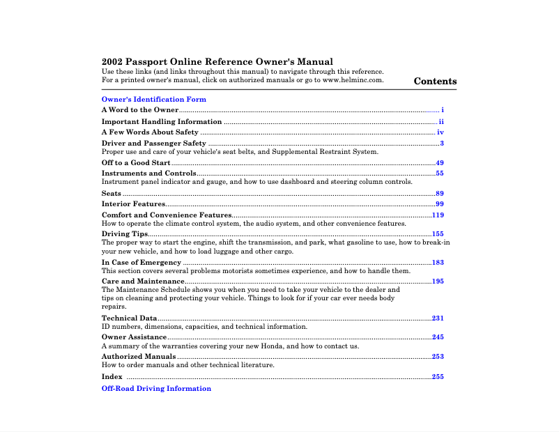 Page 1 of the manual User Manual Honda Passport (2002)