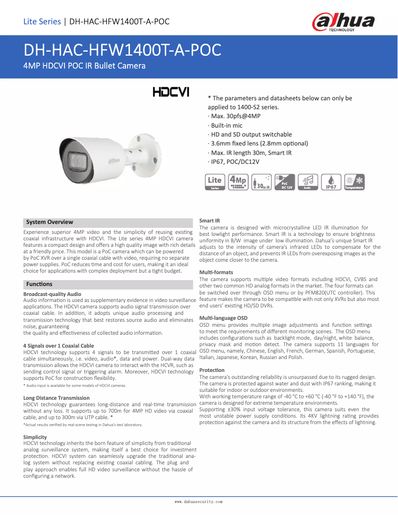 First page image of the manual for HAC-HFW1400T-A-POC
