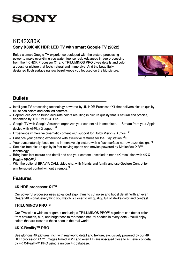 First page image of the manual for KD-43X80K