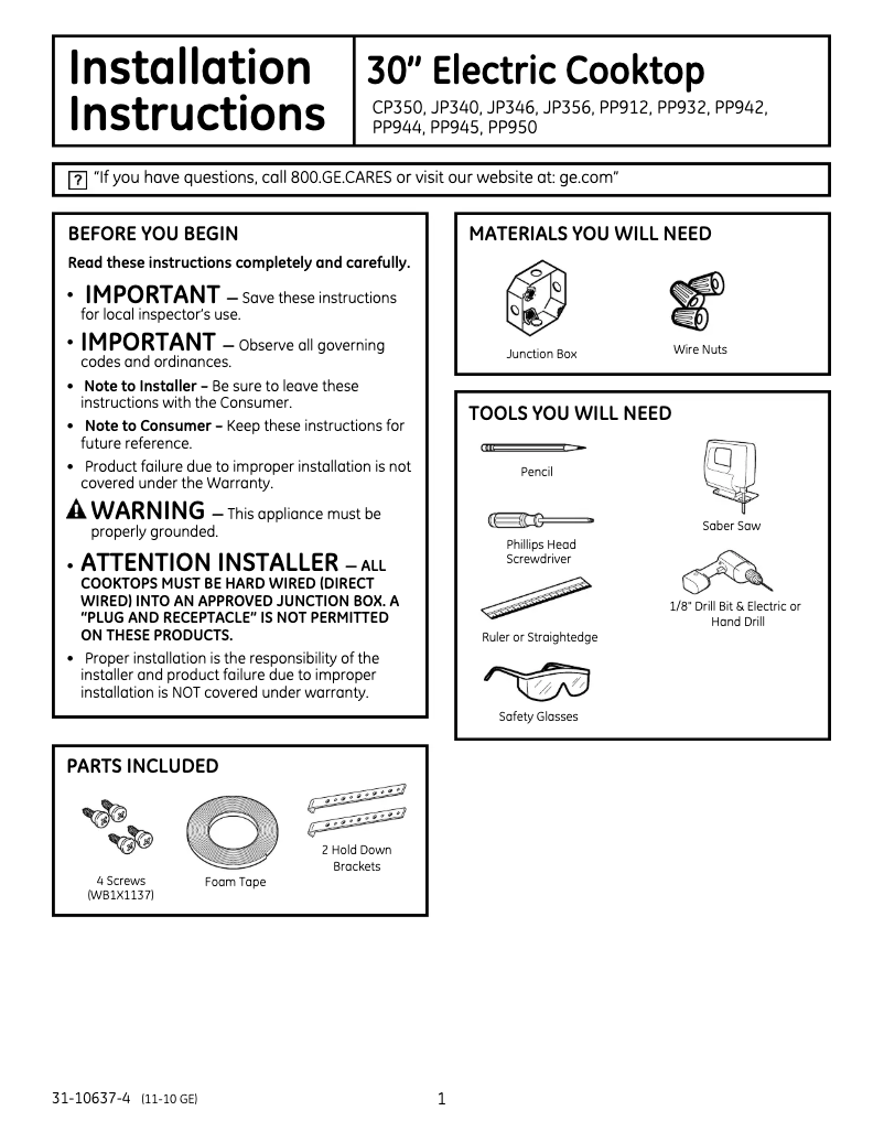 Page 1 of the manual Installation Guide GE JP340BCBB
