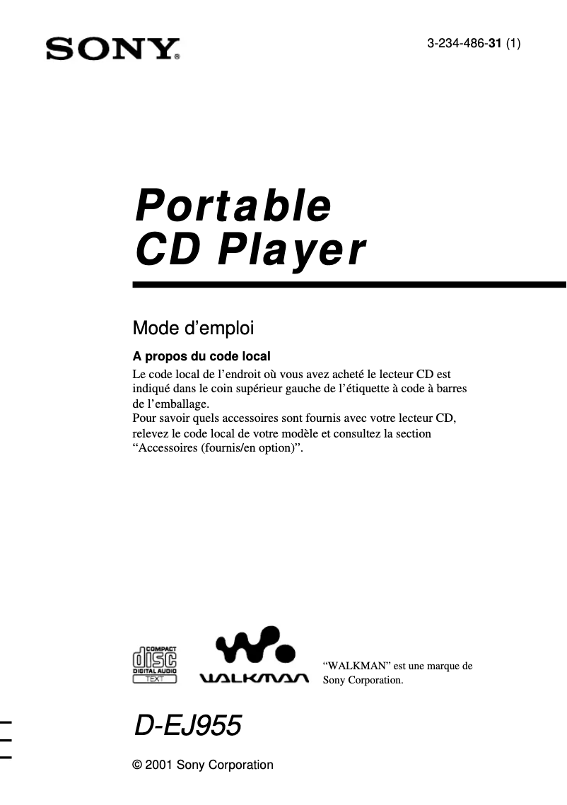 Page 1 of the manual User Manual Sony D-EJ955