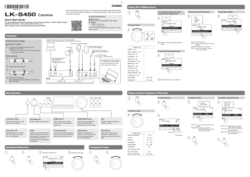 Page 1 of the manual Quick Start Guide Casio LK-S450