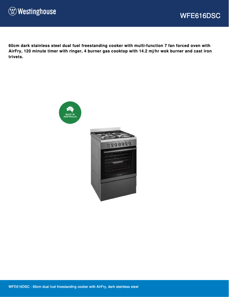 Page 1 of the manual Technical Sheet Westinghouse WFE616DSC