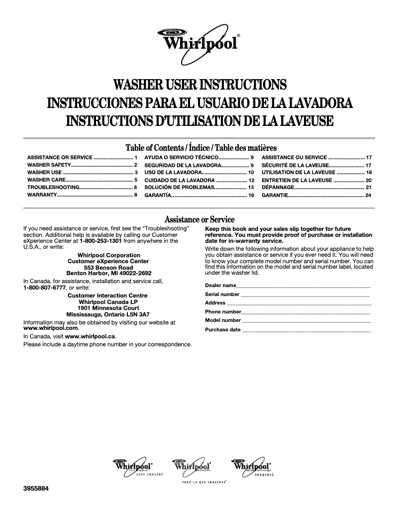 First page image of the manual for WTW5500SQ