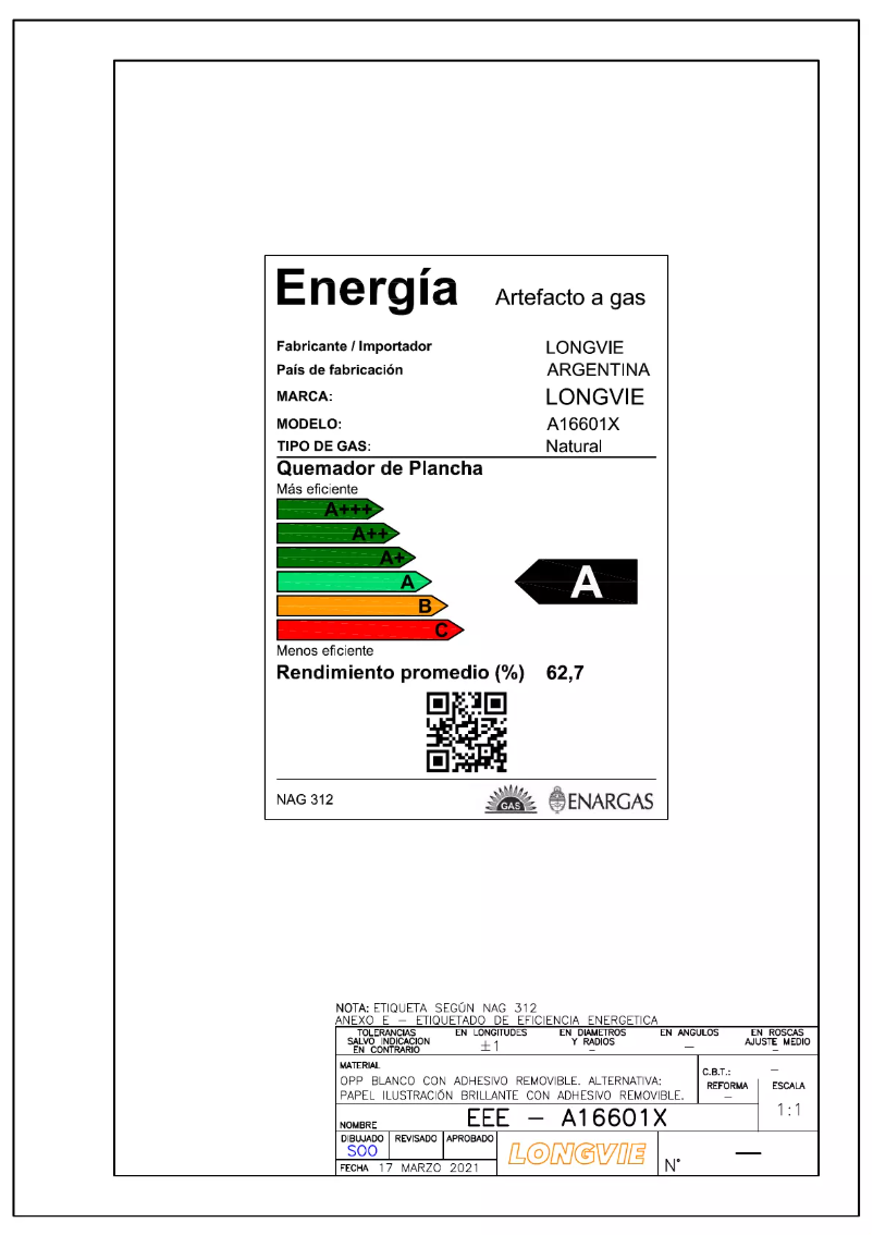 Page 1 of the manual Energy Label Longvie A16601X